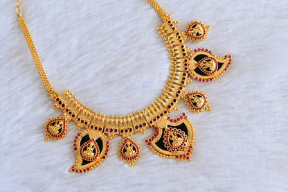 Gold tone kerala style lakshmi pink stone big mango-palakka necklace dj-53085