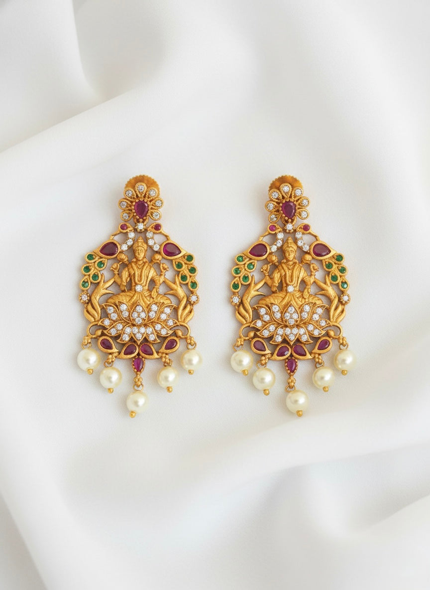 Matte Finish Ruby-emerald Lakshmi Pearl Earrings DJ25535