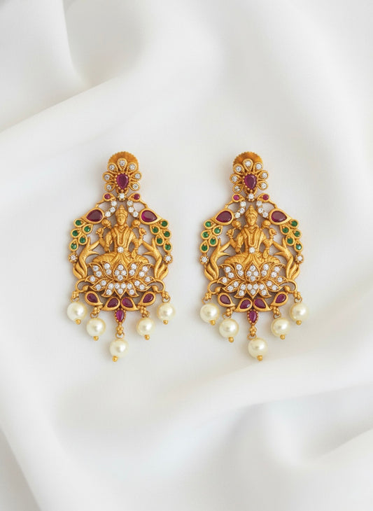 Matte Finish Ruby-emerald Lakshmi Pearl Earrings DJ25535
