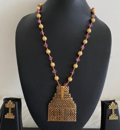 Gold tone temple rangoli purple beaded mala set dj-54489