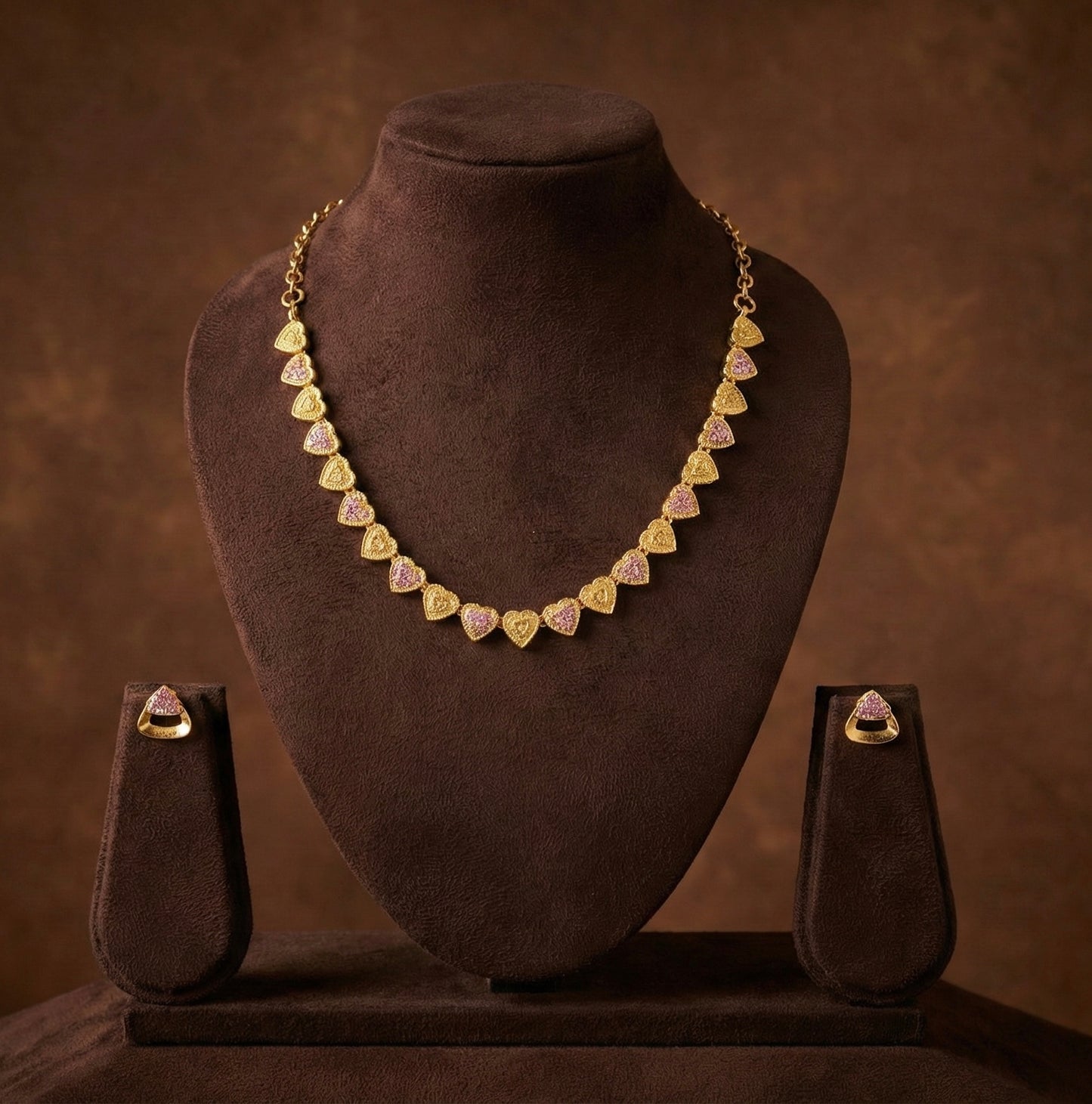 Gold tone cz purple heart necklace set dj-52629