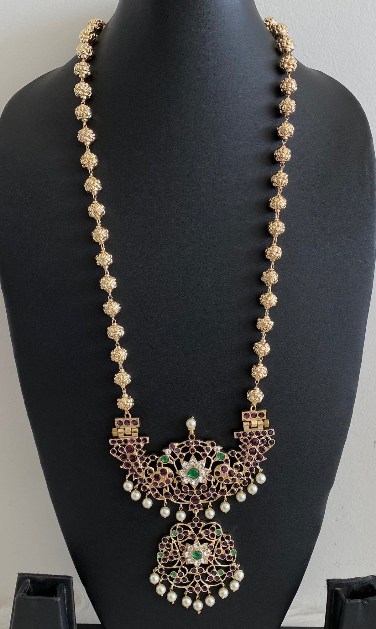 Gold tone precious kemp-green-white peacock flower nakshi beaded haar dj-54734