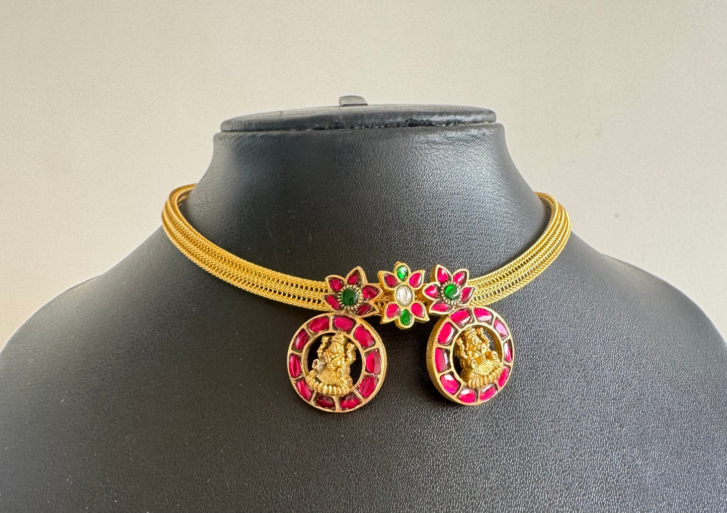 Antique gold tone pink-green kundan jadau Lakshmi necklace dj-35016