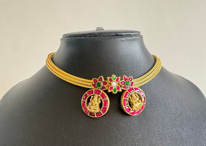 Antique gold tone pink-green kundan jadau Lakshmi necklace dj-35016