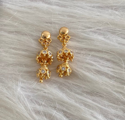 Gold tone ad pink-white stone south indian step jhumkka dj-54894