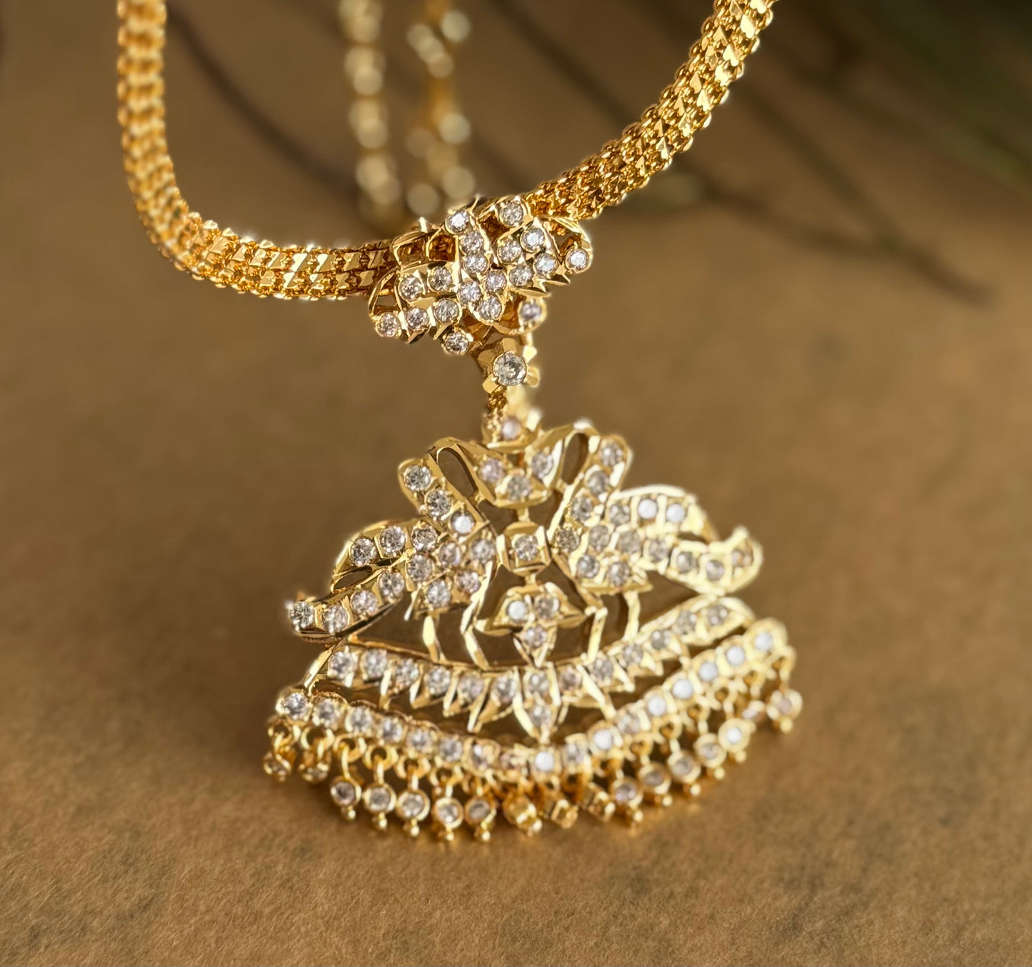 Gold tone south indian AD white peacock attigai/necklace dj-51739