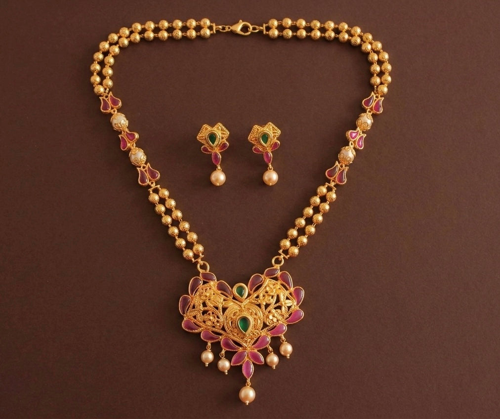 Gold Tone uncut polki pink-green short haar set-dj07901