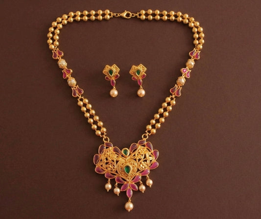 Gold Tone uncut polki pink-green short haar set-dj07901