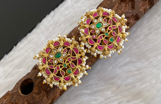 Gold tone pink-white-green pearl kundan jadau flower stud/earrings dj-53546