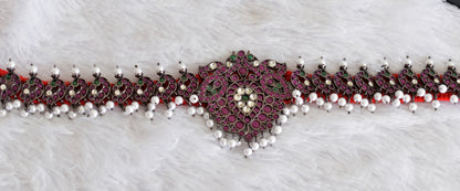 Black finish precious kemp-green-white pearl peacock waist band dj-52274