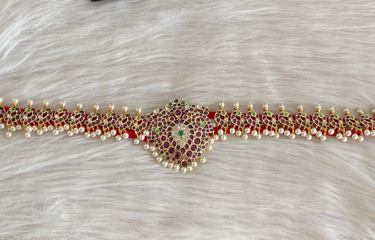 Gold tone precious kemp-green-white pearl peacock waist band dj-54691