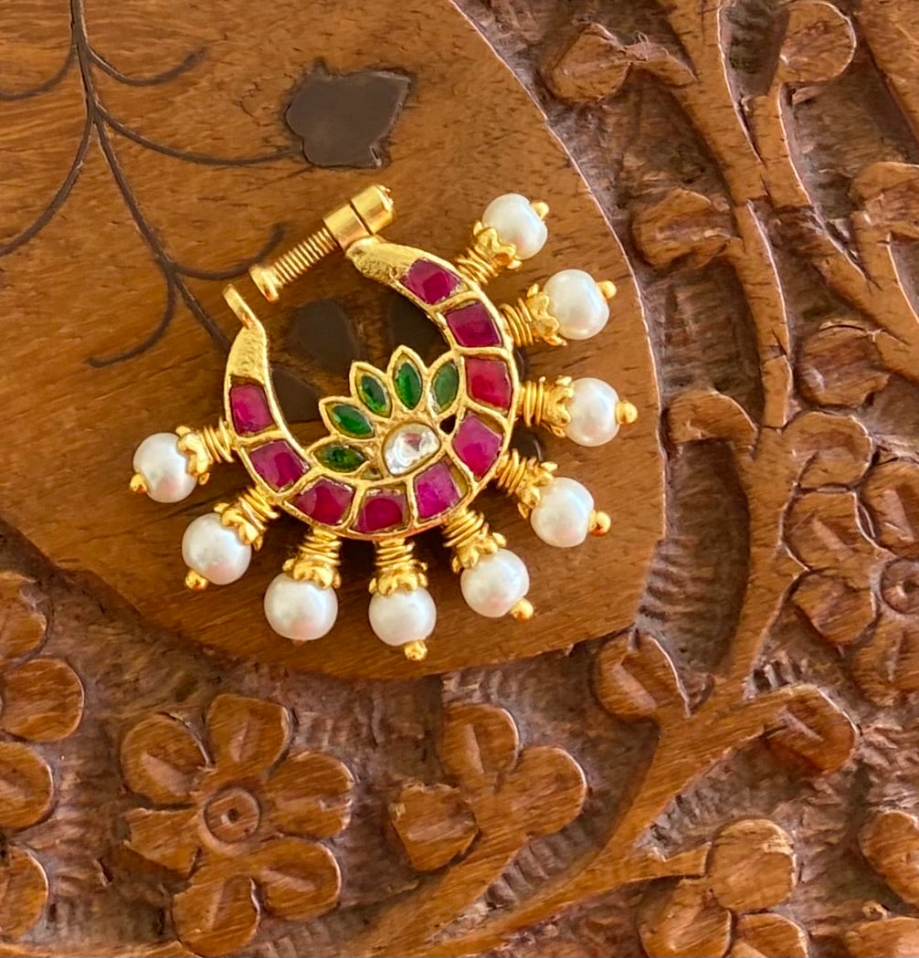 Gold tone kundan jadau pink-green-white stone pearl nose pin dj-53718