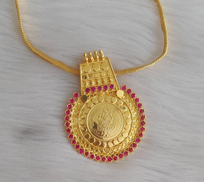 Gold tone pink stone kerala style lakshmi pendant with chain dj-42600