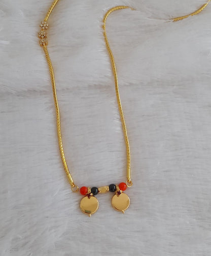 Gold tone coral-black beaded bottu mangalyam with cz flower mugappu chain dj-49547