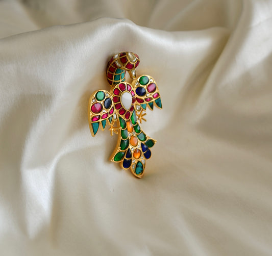 Matte finish Navarathna kundan jadau bird brooch dj-52642