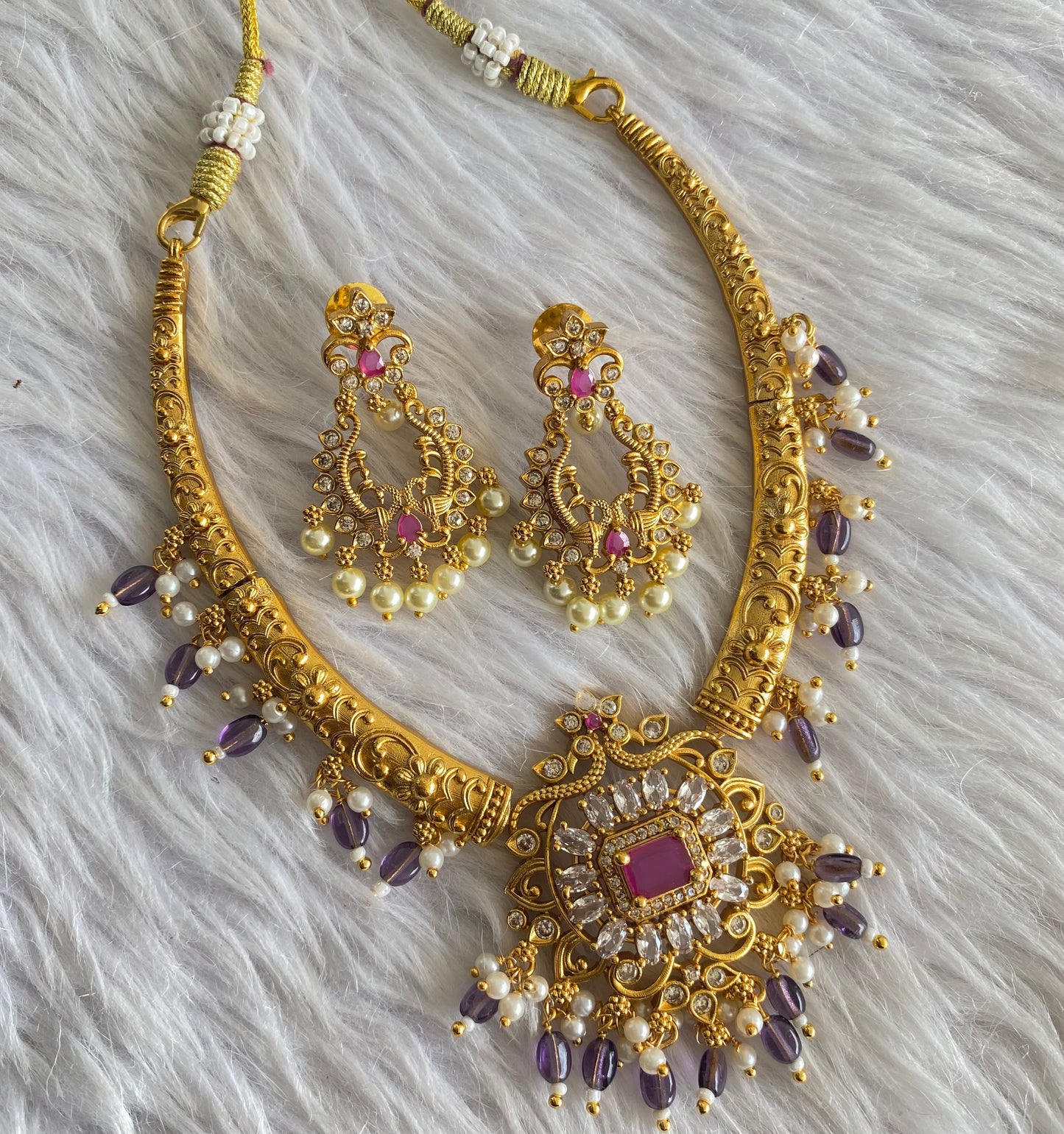 Matte finish cz white-ruby block stone purple beaded kante necklace set dj-51066