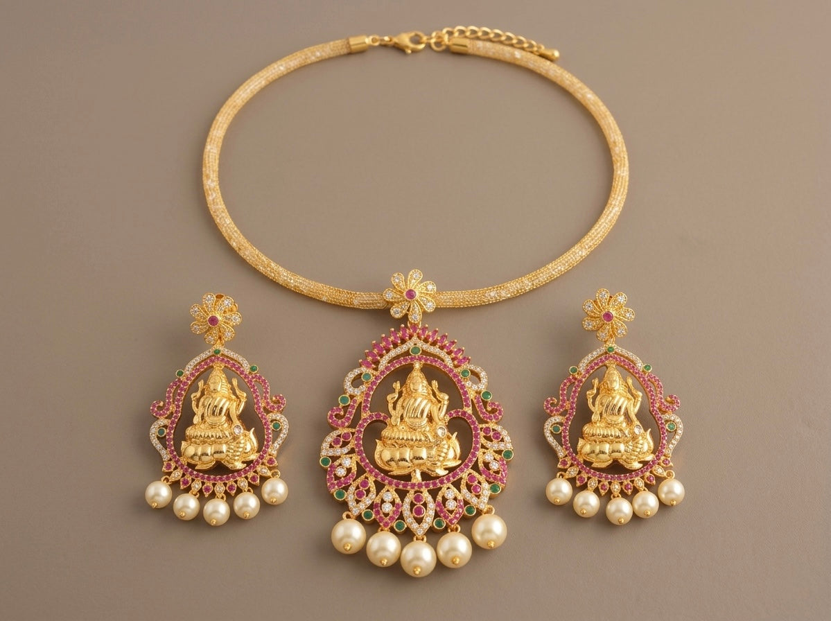 Gold tone cz ruby-emerald-pearl lakshmi necklace set- DJ10864