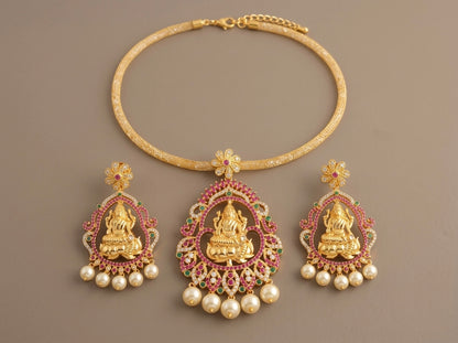 Gold tone cz ruby-emerald-pearl lakshmi necklace set- DJ10864