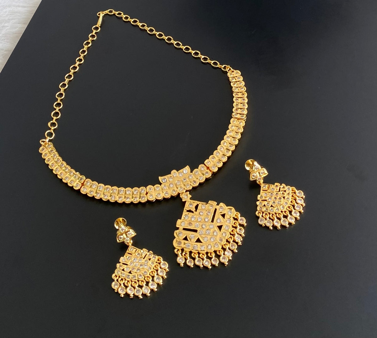 Gold tone south indian AD white stone necklace set dj-54915