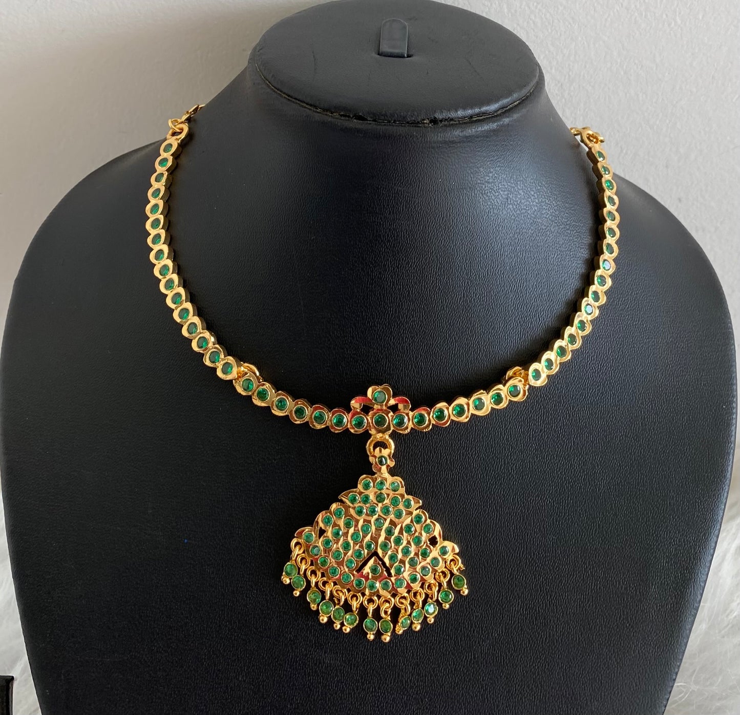 Gold tone south indian AD green stone necklace dj-53901