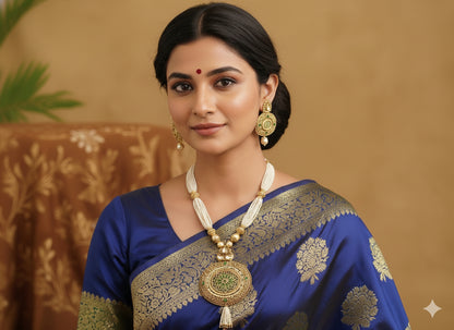 Antique Kundan Green Thewa Oval Pendant Multilayer Haar Set -dj13289