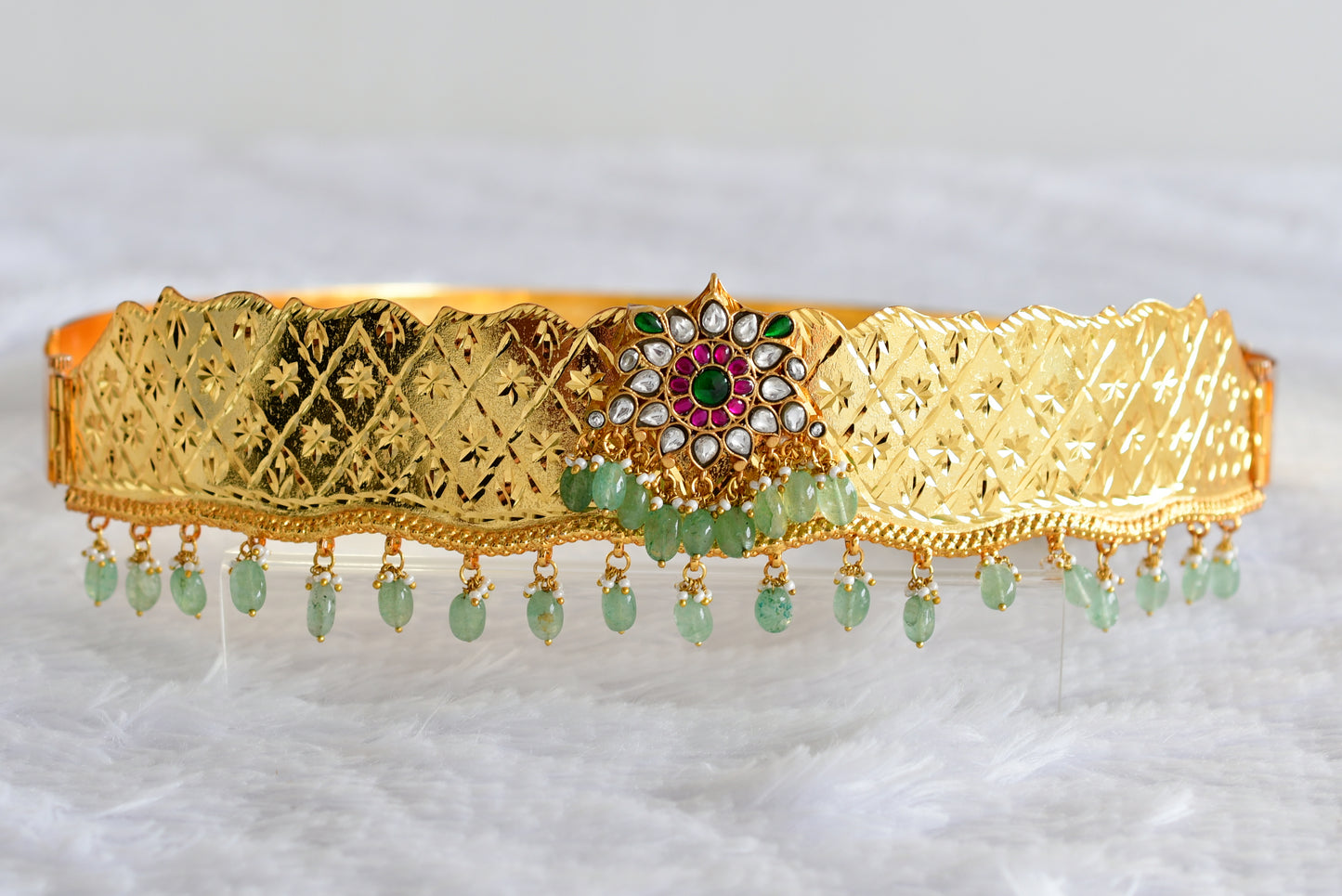Gold tone pink-green-white kundan jadau flower waist band dj-52184