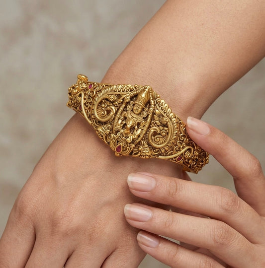 Antique gold tone shri thirumal screw type kada/bracelet dj-54855