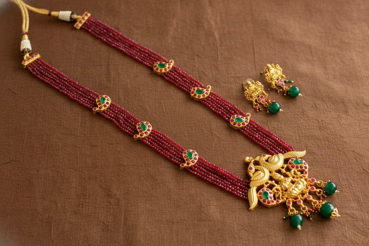 Matte Finish Ruby-emerald beaded Lakshmi Haar Set dj-17386