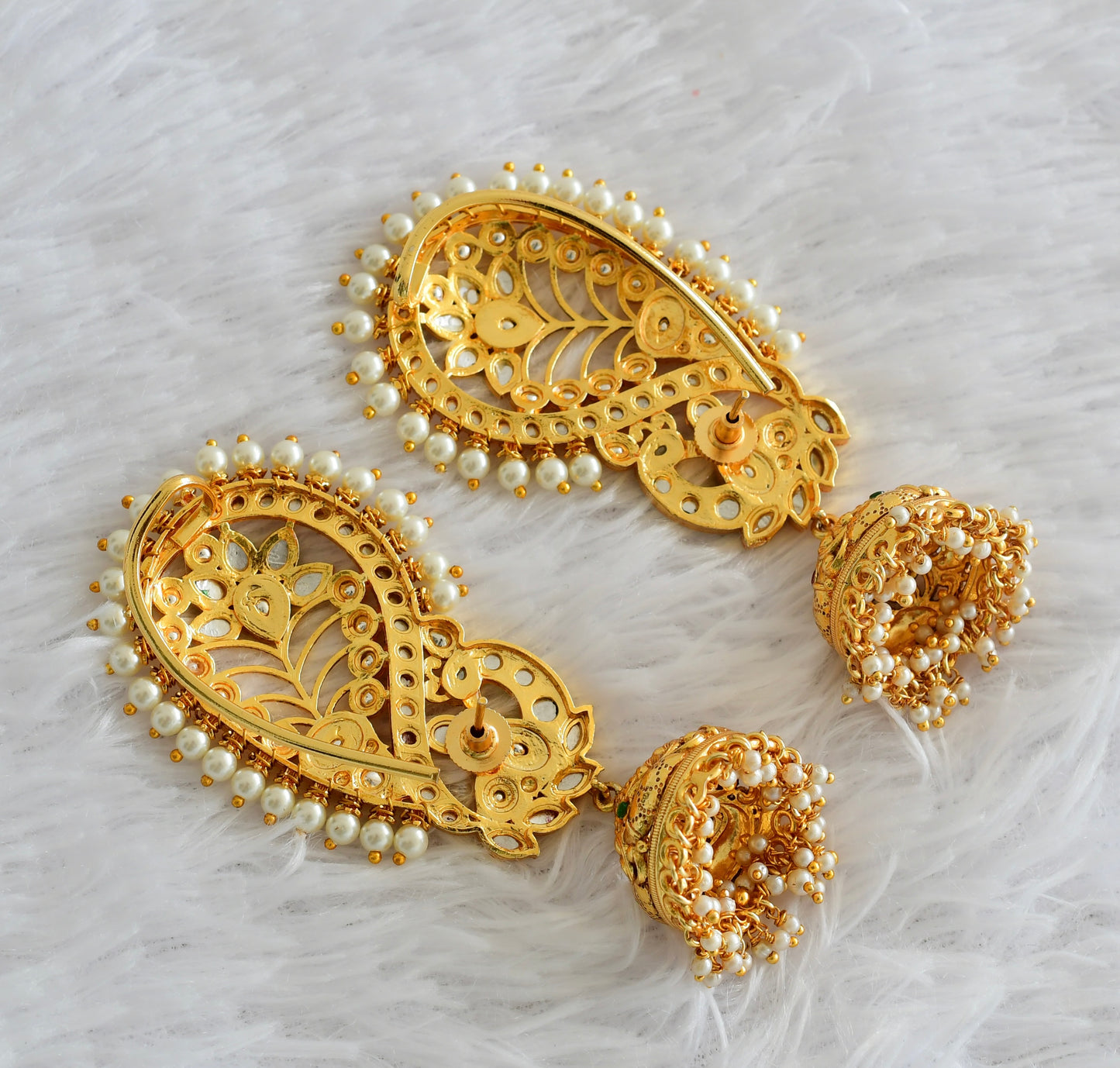 Gold tone kundan jadau big peacock khanpool jhumkka dj-53986