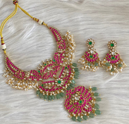 Antique gold tone peacock green beaded kundan jadau rice pearl necklace set dj-54162