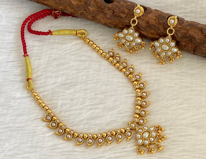 Antique gold tone coral-pearl stone reversible mango necklace set dj-54085