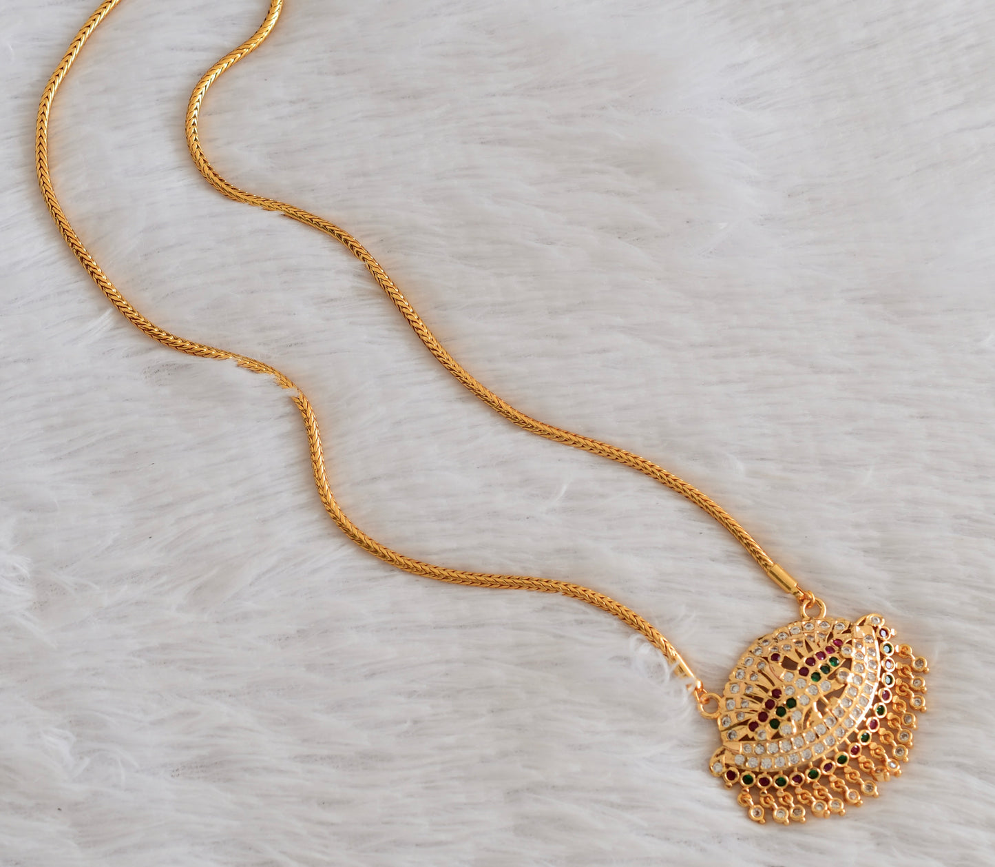 Gold tone AD pink-white-green peacock pendant with chain dj-53325