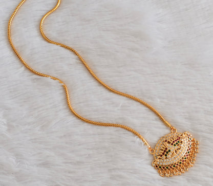 Gold tone AD pink-white-green peacock pendant with chain dj-53325