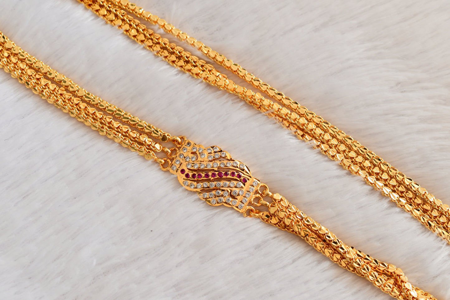Gold tone 24 inches pink-white triple layer mugappu chain Dj-53310