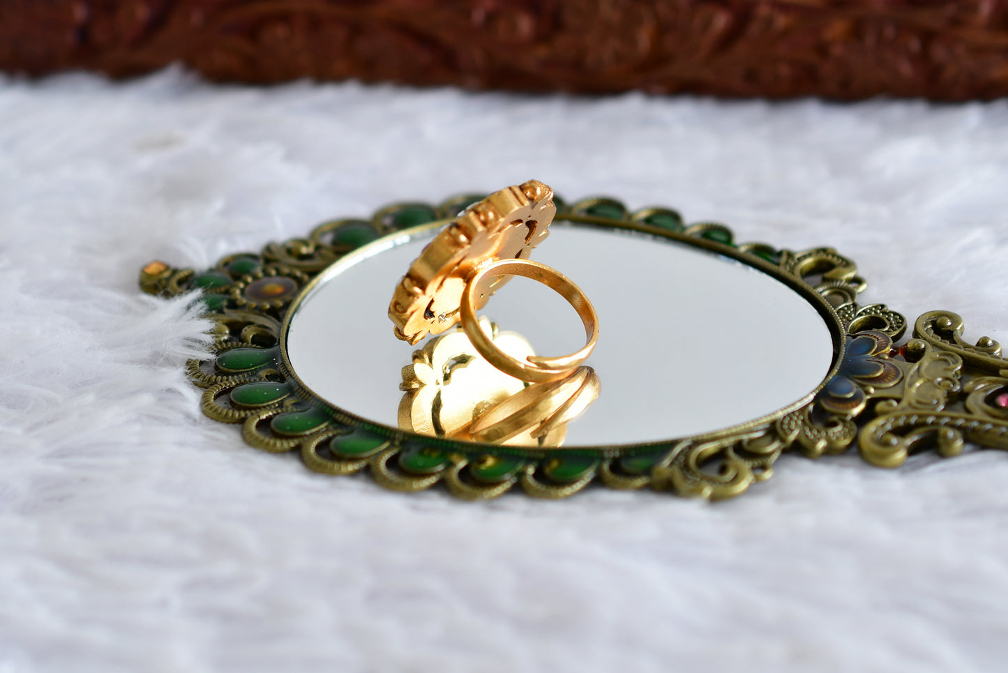 Gold tone pink-green-pearl kundan jadau flower finger ring dj-52370