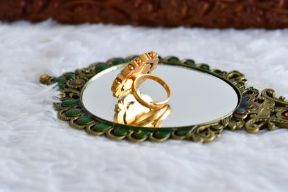 Gold tone pink-green-pearl kundan jadau flower finger ring dj-52370