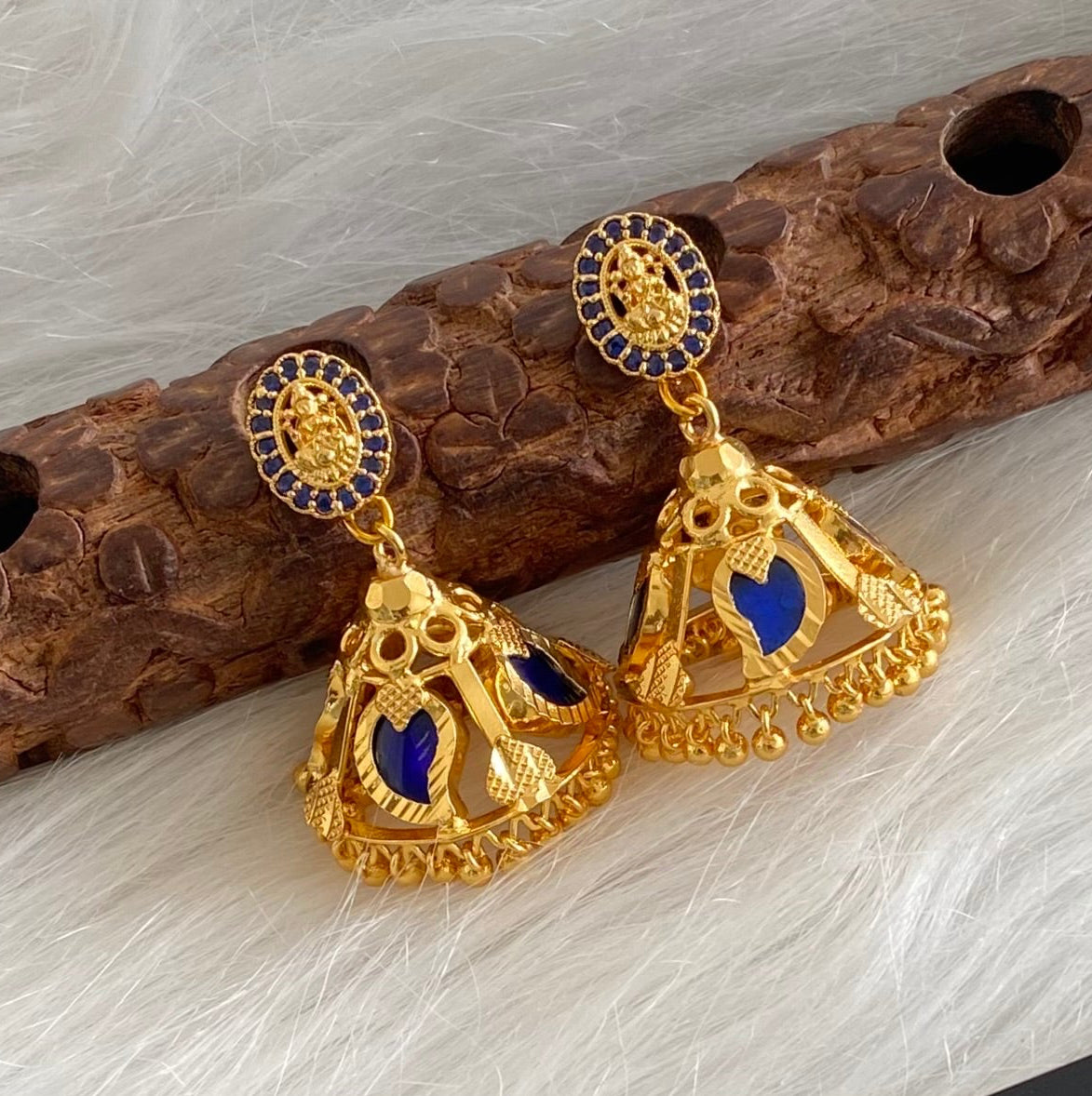 Gold tone kerala style blue mango 4 petal lakshmi jhumkka dj-54316