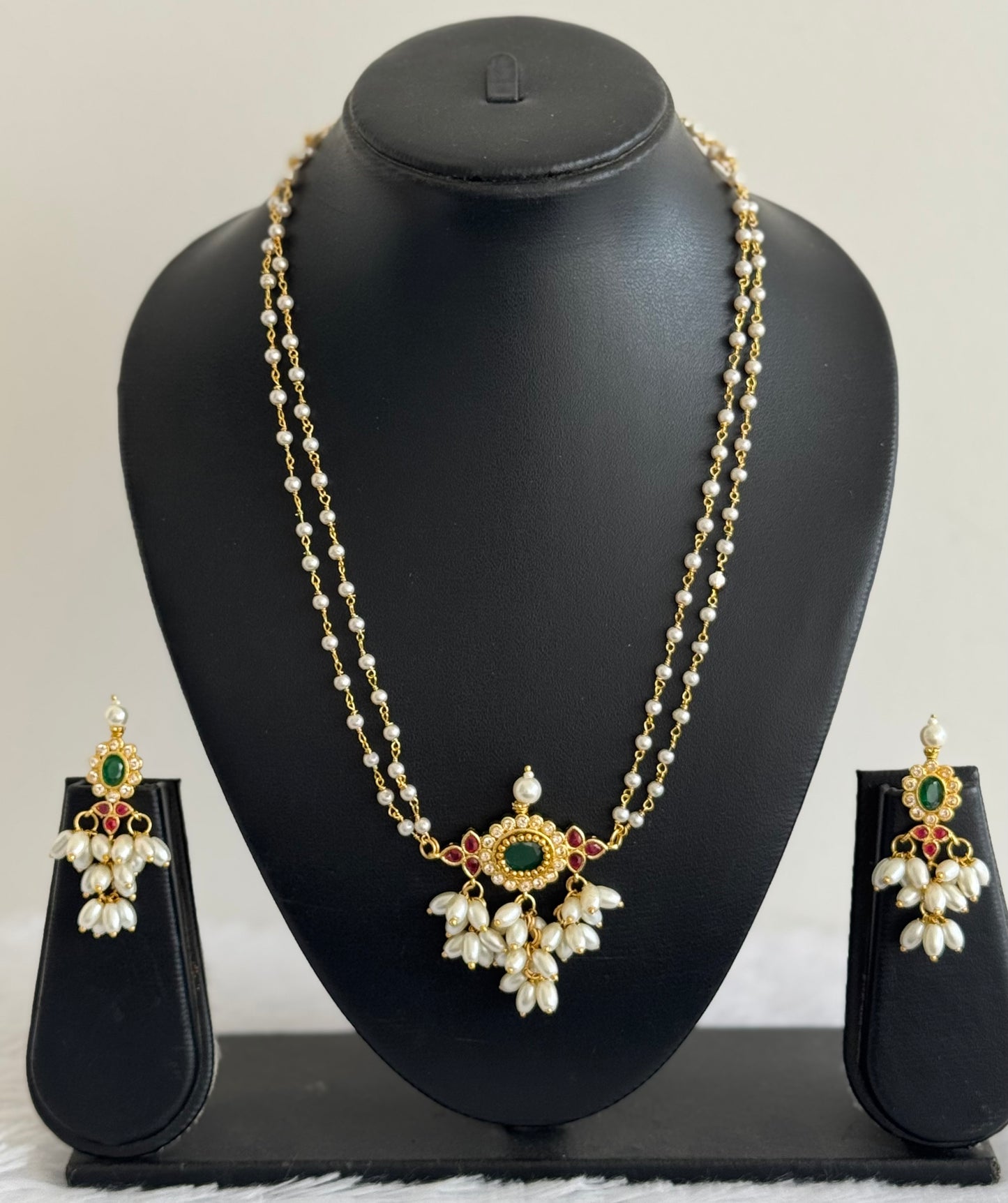 Gold tone Ruby-Green Gutta pusalu Pearl Chain Set dj-52107