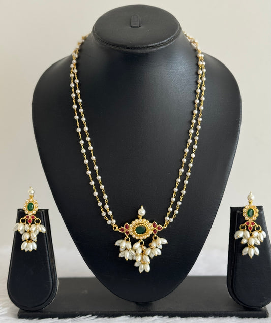 Gold tone Ruby-Green Gutta pusalu Pearl Chain Set dj-52107