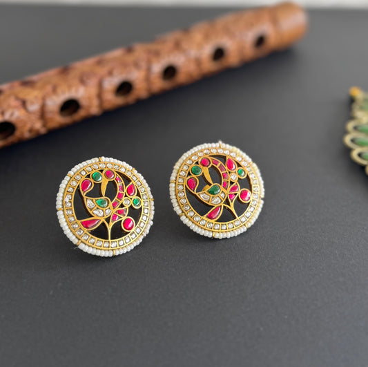 Gold tone pink-white kundan jadau peacock round big stud/earrings dj-51499