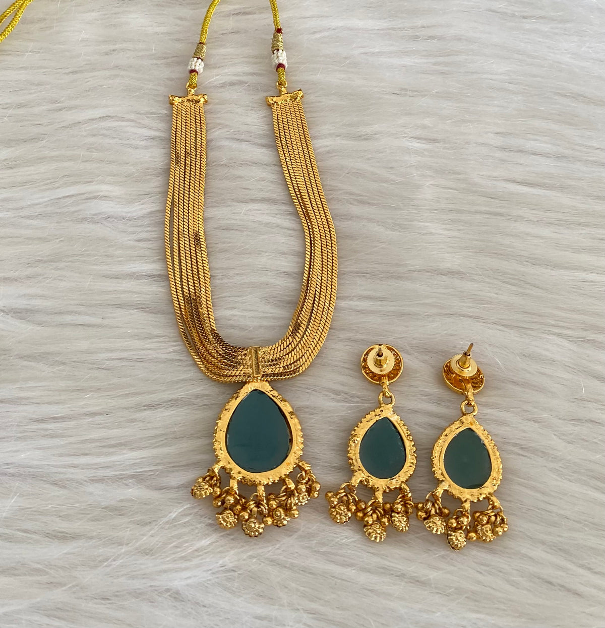 Antique gold tone green stone necklace set dj-54766