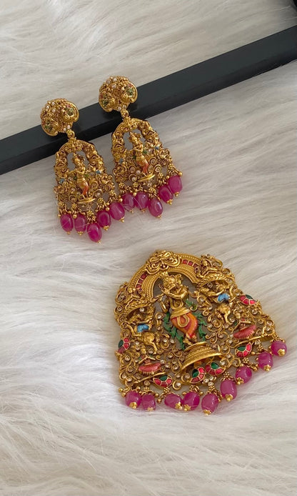 Matte finish ruby beaded krishna meenakari pendant set dj-54741