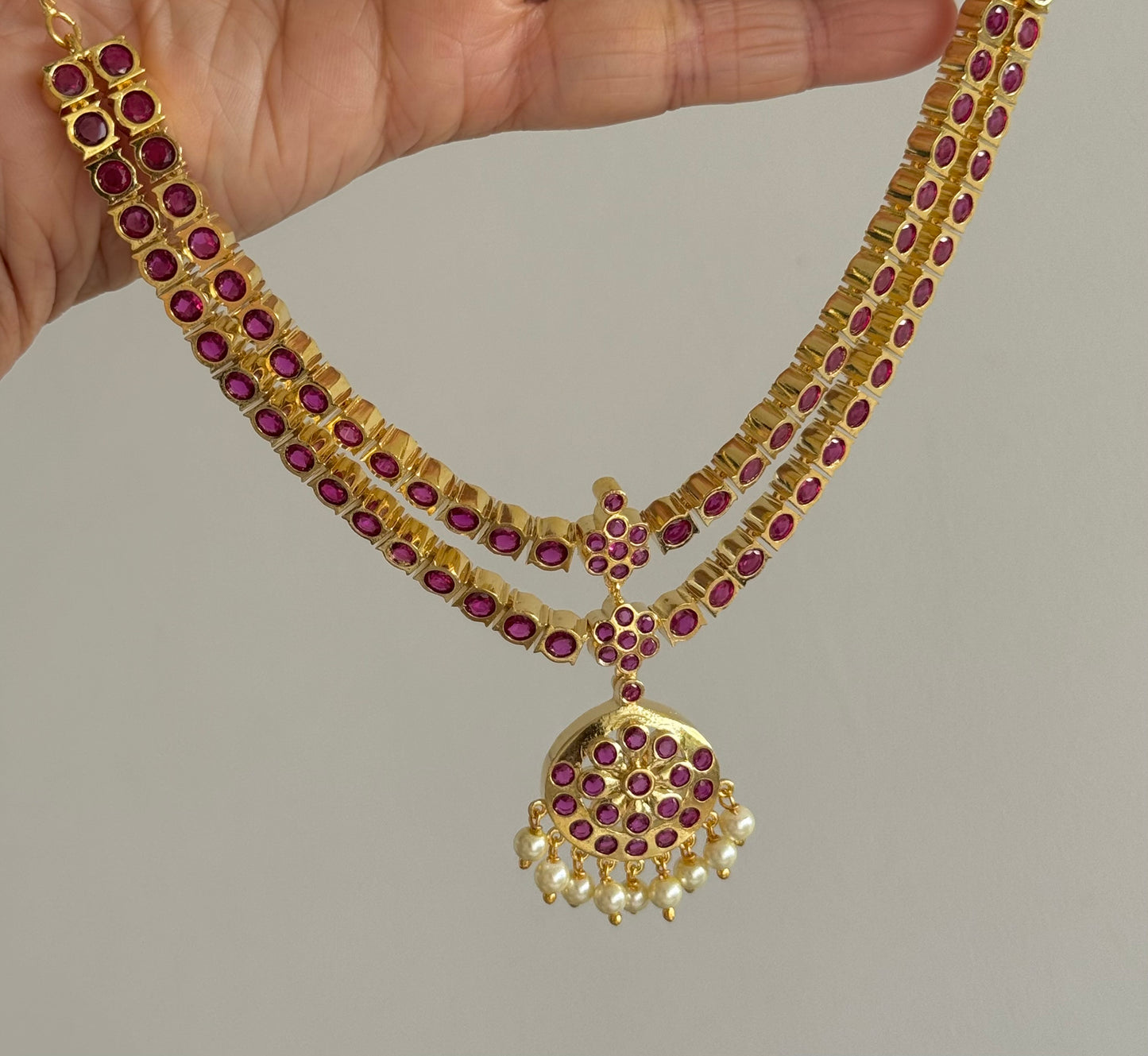 Gold tone AD pink south indian style double layer necklace set dj-51673