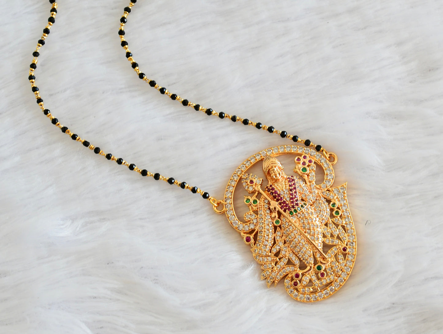 Gold tone tamil om murugan white-pink-green pendant with crystal karimani beaded chain dj-53342