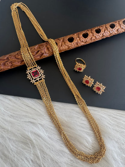 Matte finish cz red block stone mugappu chandra haar set dj-51244