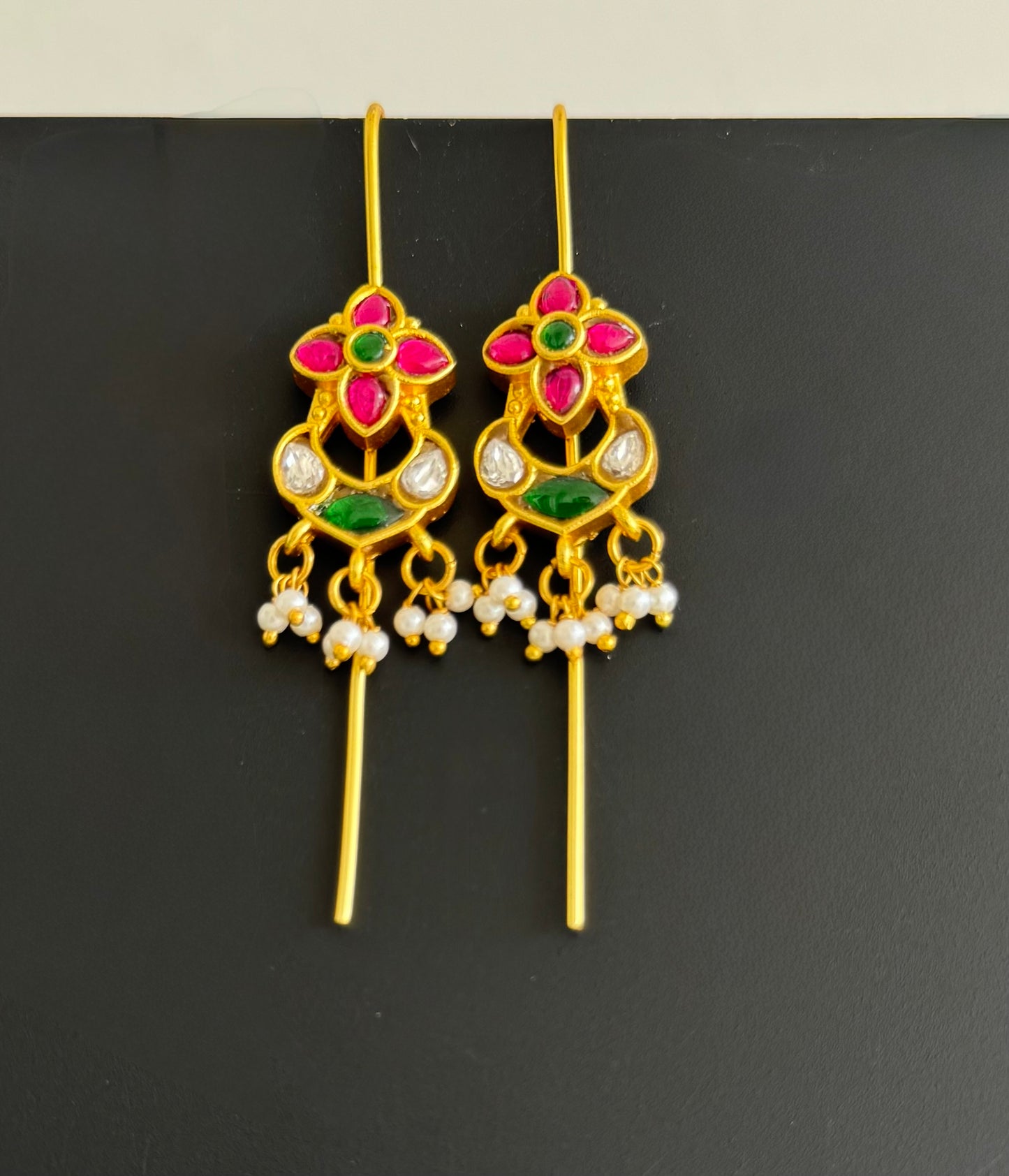 Gold tone pink-green kundan jadau mango bugadi earrings dj-51133
