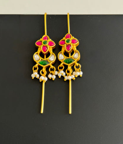 Gold tone pink-green kundan jadau mango bugadi earrings dj-51133