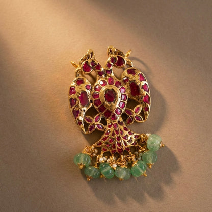 Gold tone pink-green-white kundan jadau reversible Gandaberunda pendant dj-52638