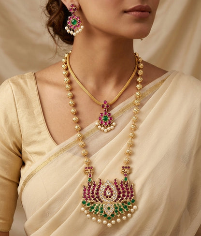 Gold tone precious kemp-green-white pearl lotus nakshi beaded combo set dj-54938