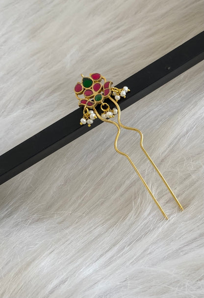 Gold tone kundan jadau kemp-green pearl hair jewel/pin dj-55063